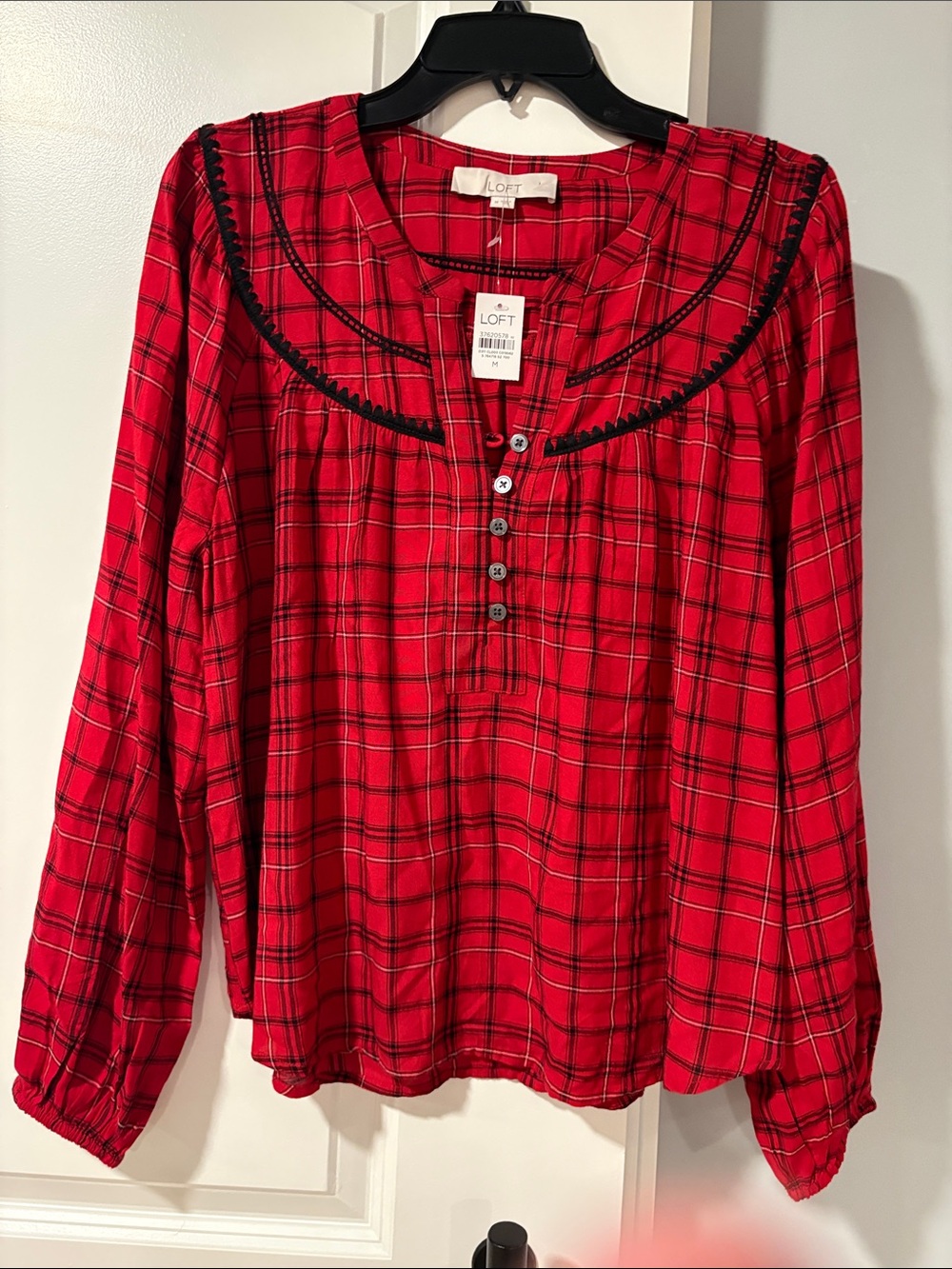 LOFT Red Plaid Henley Blouse with Black Trim